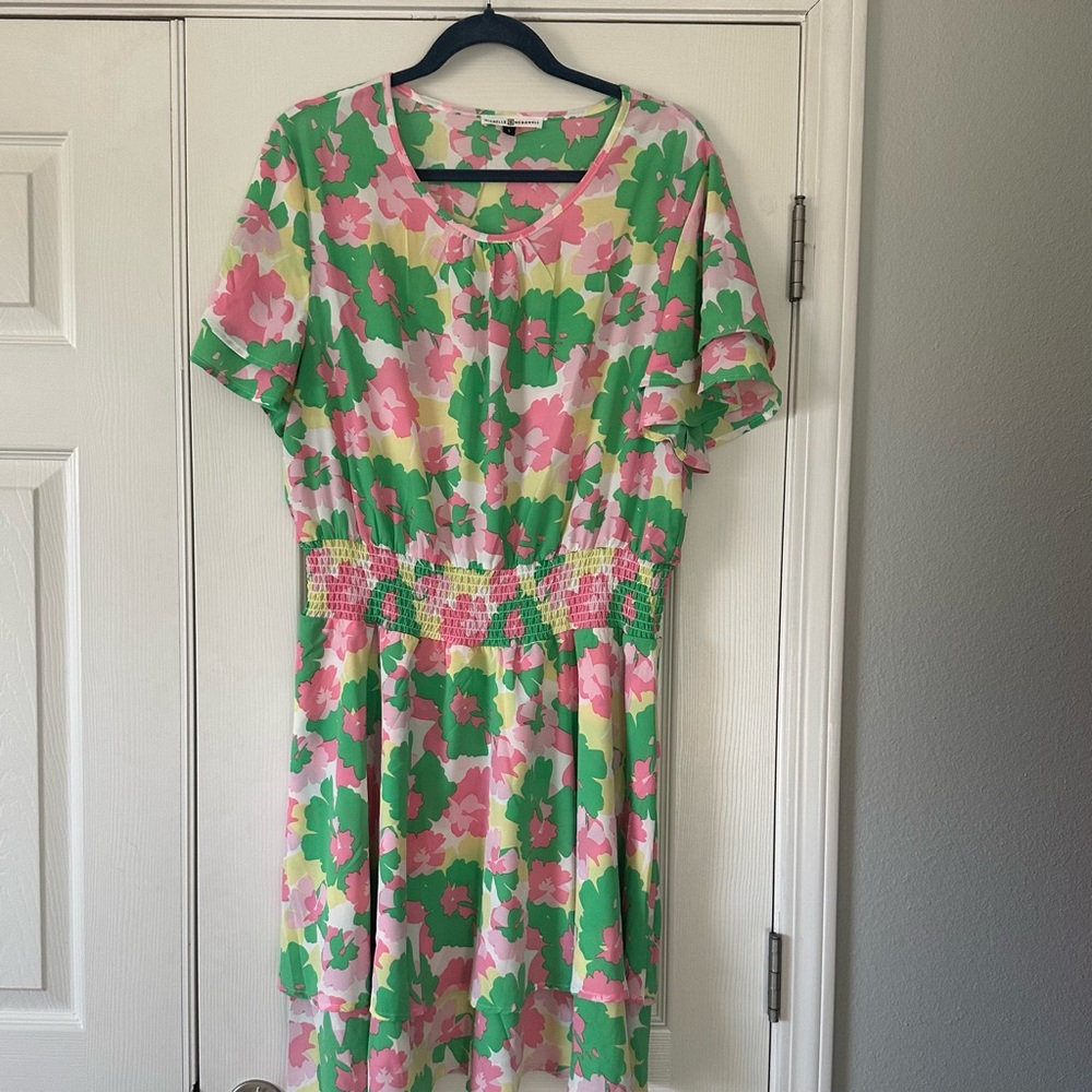 Michelle McDowell Floral Green, pink & white smocked dress, Size Large